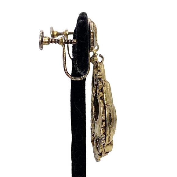 VINTAGE  RARE 1940s MCM Gold Tone Etched Boho Drop Earrings - Picture 3 of 9